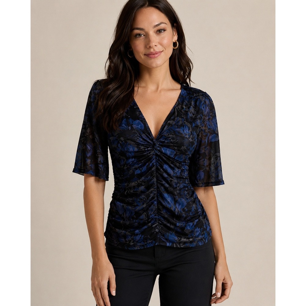 EVEREVE XL Dark Floral Ruched Mesh Top Navy Black Sheer Stretch Blouse